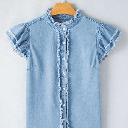 Raw Hem Button Up Cap Sleeve Denim Top