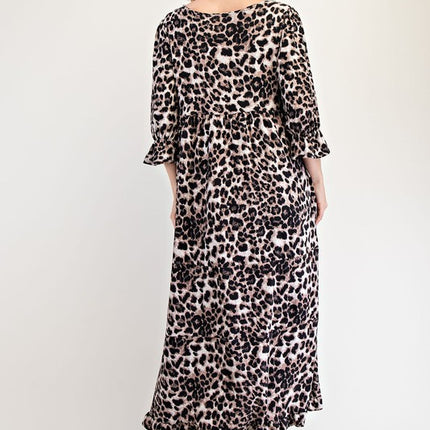 Celeste Full Size Leopard Round Neck Flounce Sleeve Dress