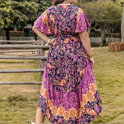 Plus Size Printed V-Neck Flutter Sleeve Midi Dress