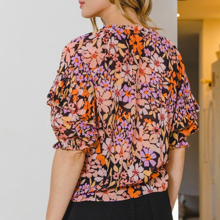 ODDI Full Size Floral Tie Neck Ruffled Blouse