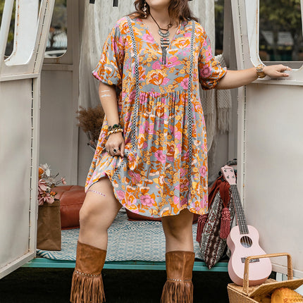 Plus Size Ruched Printed Half Sleeve Mini Dress