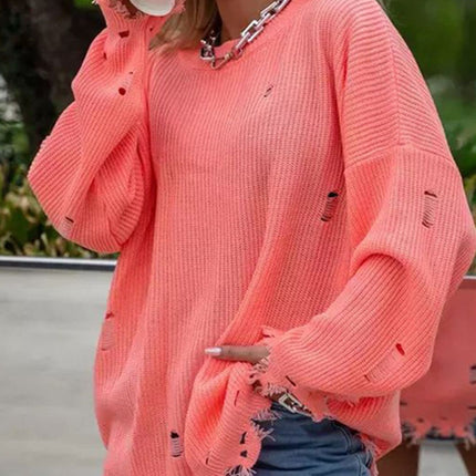 Distressed Round Neck Long Sleeve Sweater