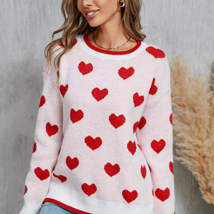 Angel Wings Contrast Trim Heart Round Neck Sweater