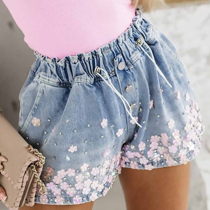 Rhinestone Drawstring Denim Shorts