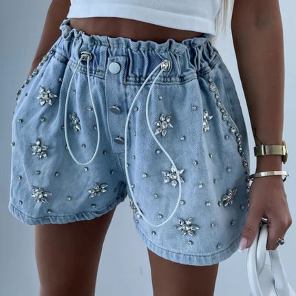 Rhinestone Drawstring Denim Shorts