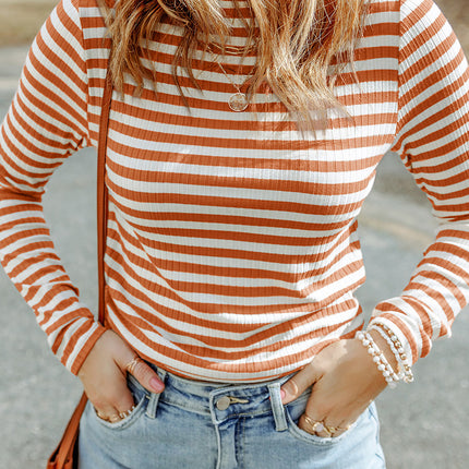 Double Take Striped Mock Neck Long Sleeve Top