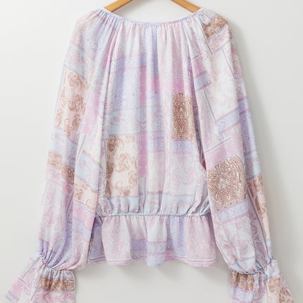 Printed Tie Neck Flounce Sleeve Blouse
