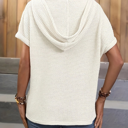 Waffle-Knit Hooded Short Sleeve Top