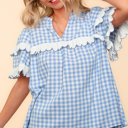 Haptics Full Size Plaid Scallop Hem Notched Short Sleeve Blouse