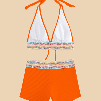 Backless Textured Halter Neck Two-Piece Swim Set