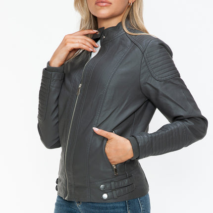 Snobbish Faux Leather Biker Jacket with Side Zip Pockets