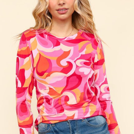 Haptics Full Size Heart Print Round Neck Long Sleeve T-Shirt