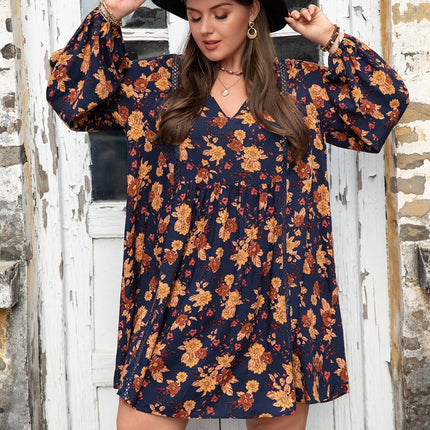 Plus Size Floral V-Neck Balloon Sleeve Dress