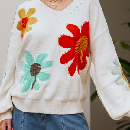 Flower V-Neck Dropped Shoulder Sweater