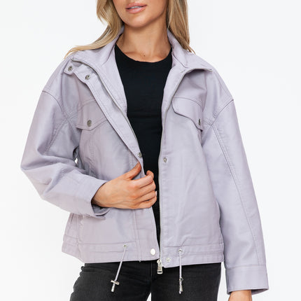 How Dare U Drawstring Hem PU Leather Zip Up Jacket