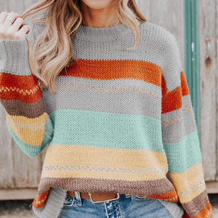 Color Block Round Neck Dropped Shoulder Sweater