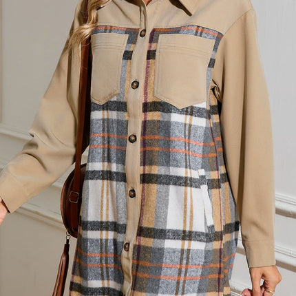 Pocketed Plaid Long Sleeve Mini Shirt Dress