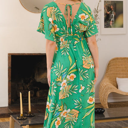 ODDI Full Size Floral Smocked Tied Back Maxi Dress