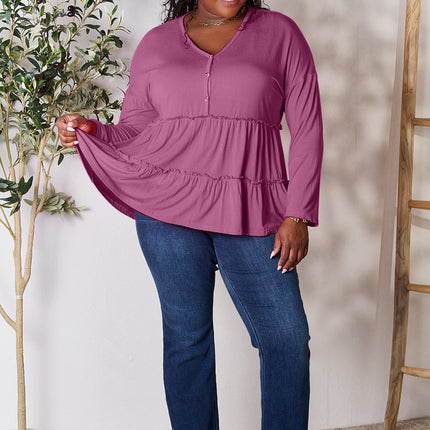 Double Take Half Button Long Sleeve Ruffle Hem Blouse