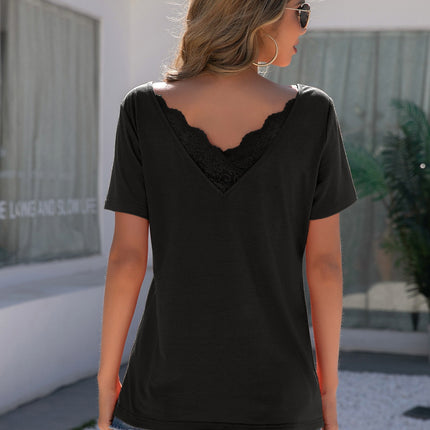 Lace Detail V-Neck Short Sleeve T-Shirt
