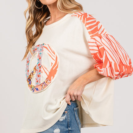 SAGE + FIG Peace Applique Patch with Zebra Print Contrast Top