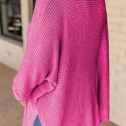 Waffle-Knit Slit V-Neck Long Sleeve Blouse