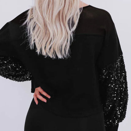 Sequin Boat Neck Long Sleeve Blouse