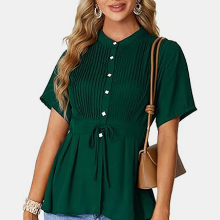 Tied Round Neck Short Sleeve Blouse