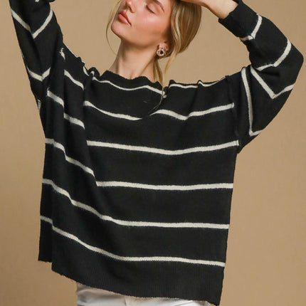 Umgee Wool Blend Striped Round Neck Sweater