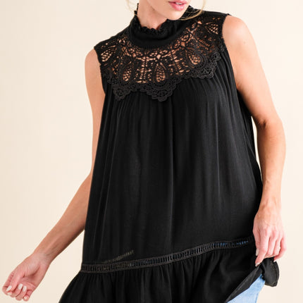 And The Why Lace Detail Sleeveless Ruffled Top