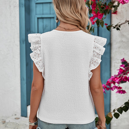 Ruffled V-Neck Cap Sleeve Blouse