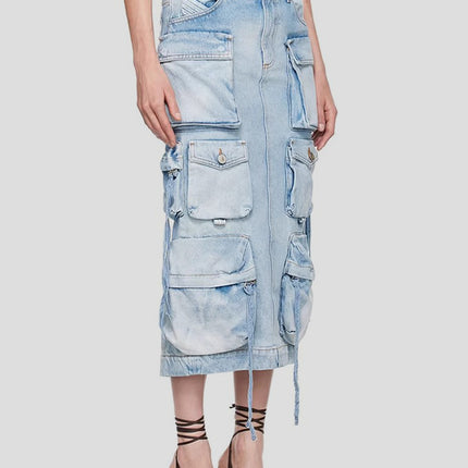 Slit Midi Denim Skirt with Pockets