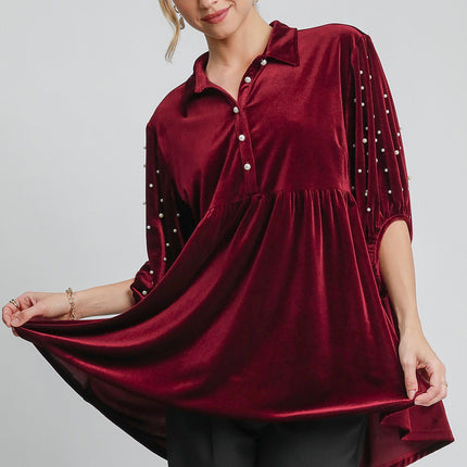 Umgee Pearl Detail Collared Neck Velvet Babydoll Blouse