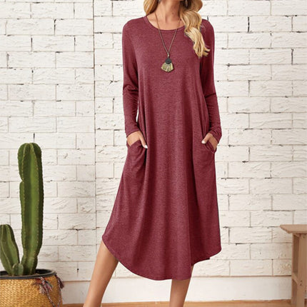 Pocketed Round Neck Long Sleeve Tee Dress