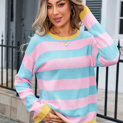 Striped Round Neck Dropped Shoulder Sweater