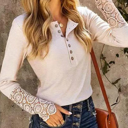 Lace Detail Half Button Round Neck Long Sleeve T-Shirt