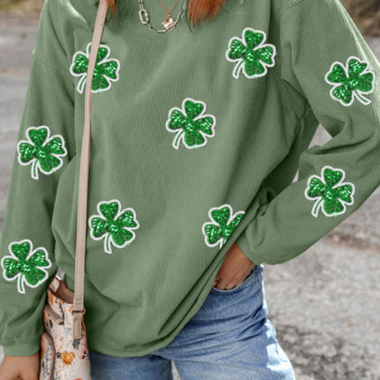 Sequin Lucky Clover Round Neck Long Sleeve Sweatshirt