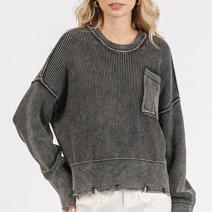 Mittoshop Distressed Hem Round Neck Dropped Shoulder Sweater