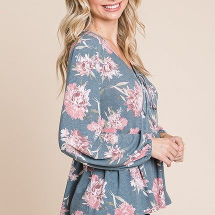 Super Lady Full Size Babydoll Floral Long Sleeve Blouse