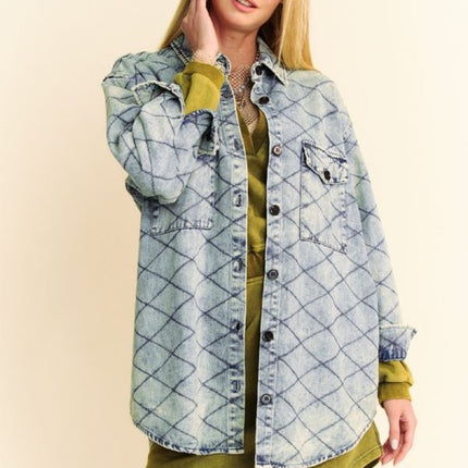 Davi & Dani Curved Hem Diamond Quilted Button Up Denim Shacket