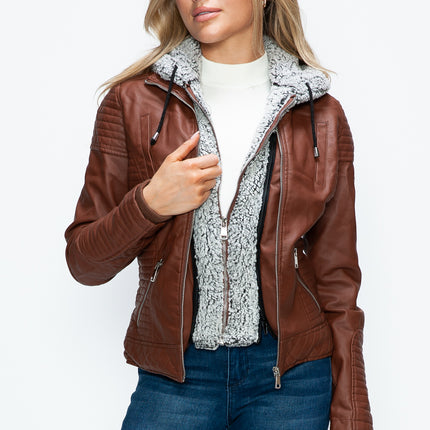 YMI Faux Layered Double-Zipper Jacket with Fuzzy Hood