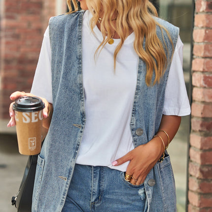 Full Size V-Neck Button Up Denim Vest