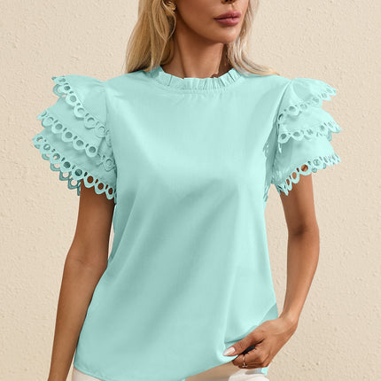 Ruffled Eyelet Round Neck Cap Sleeve Blouse