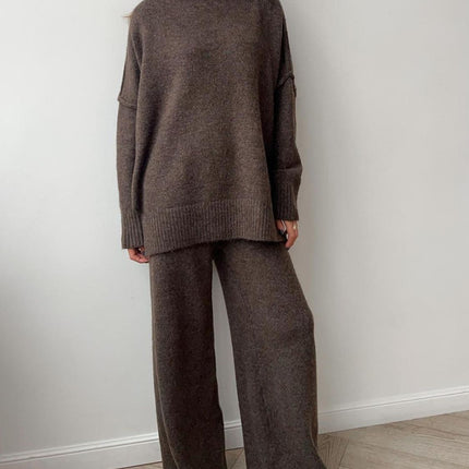 Slit Turtleneck Long Sleeve Top and Pants Sweater Set