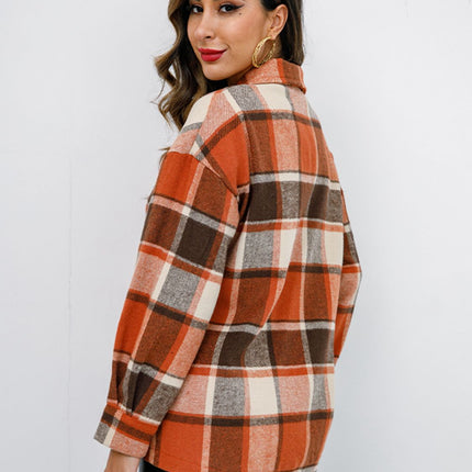 Shiny Plaid Button Up Collared Neck Jacket