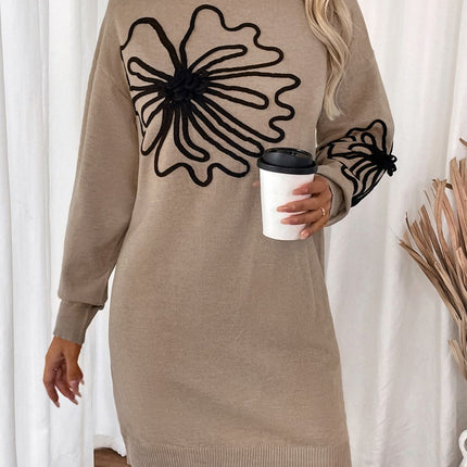 Perfee Flower Mock Neck Long Sleeve Sweater Dress