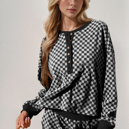 Double Take Checkered Half Button Top and Shorts Set - Vickie Lynn's