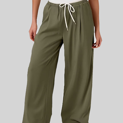 Contrast Waistband Drawstring Wide Leg Pants