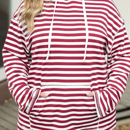 Plus Size Drawstring Striped Dropped Shoulder Hoodie