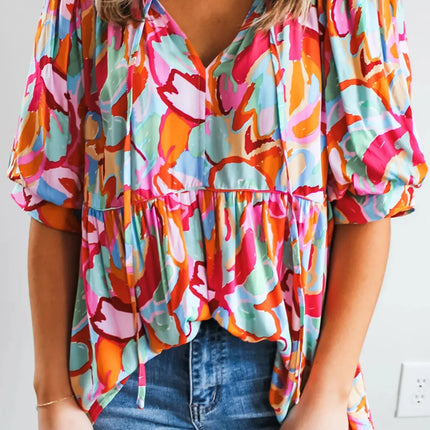 Printed Tie Neck Half Sleeve Blouse